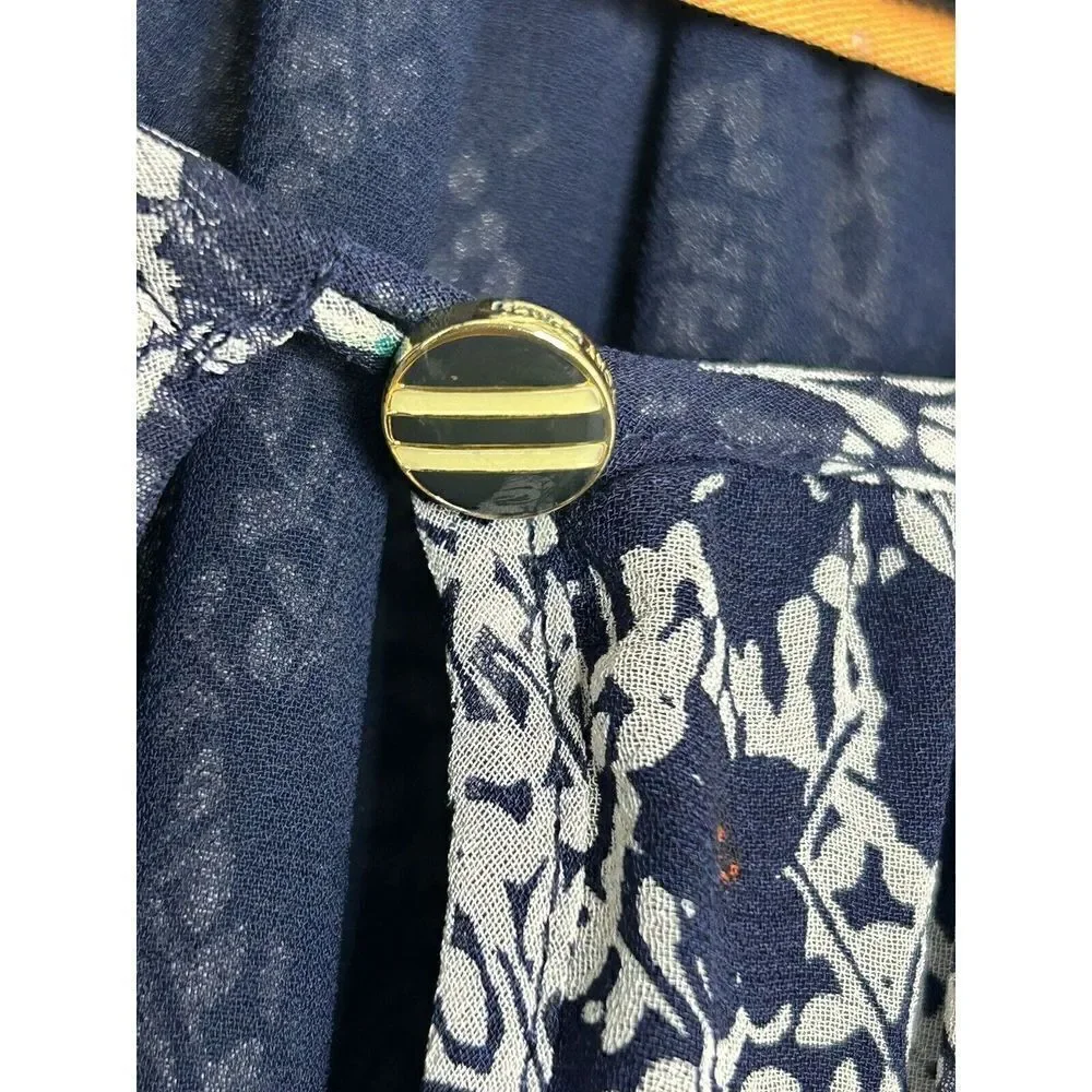 Tory Burch Womens Blouse Blue Floral Long Sleeve Button Cuff Keyhole Neck Top 2